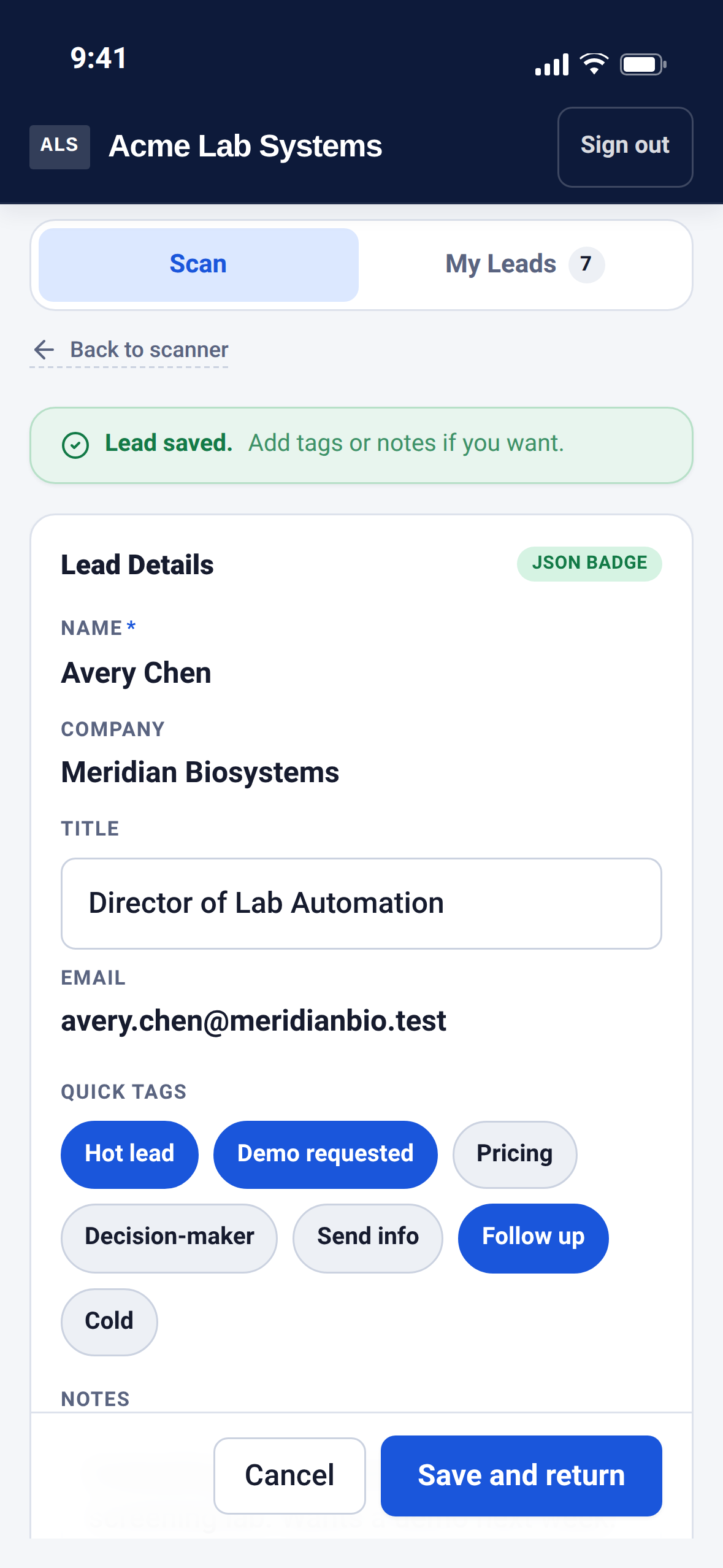 Lead saved with tags and notes
