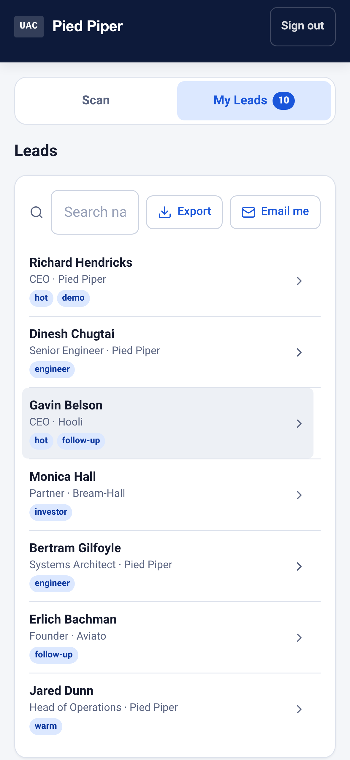 ScanDeck Lead Capture lead list on iPhone