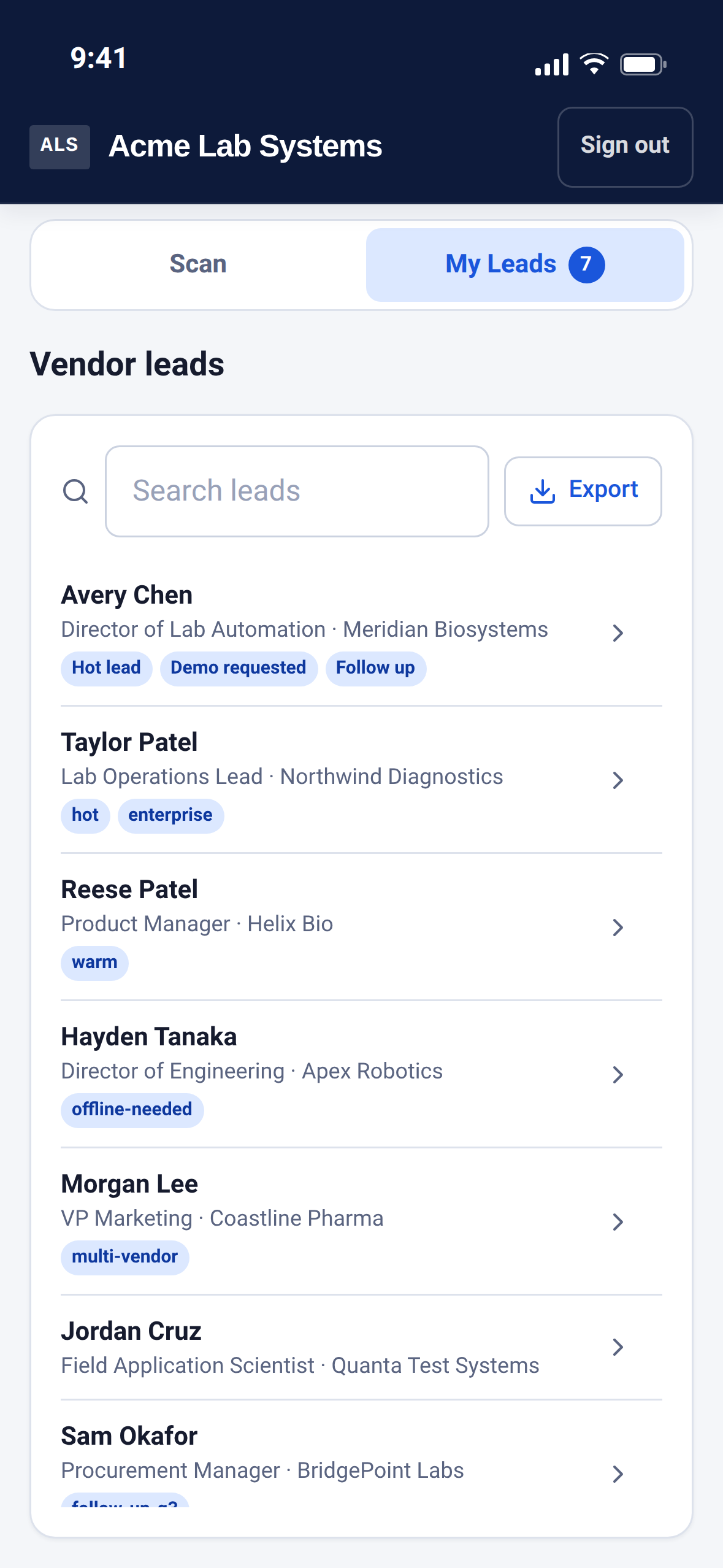 ScanDeck Lead Capture lead list on iPhone